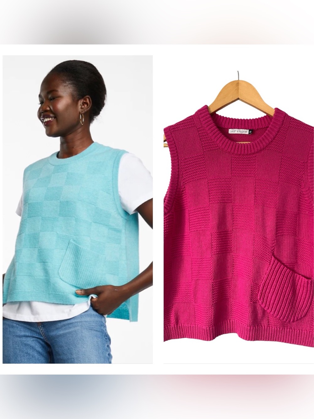 Zaket & Plover Pink Textured Checkerboard Knit Sweater Vest Pocket Size XS